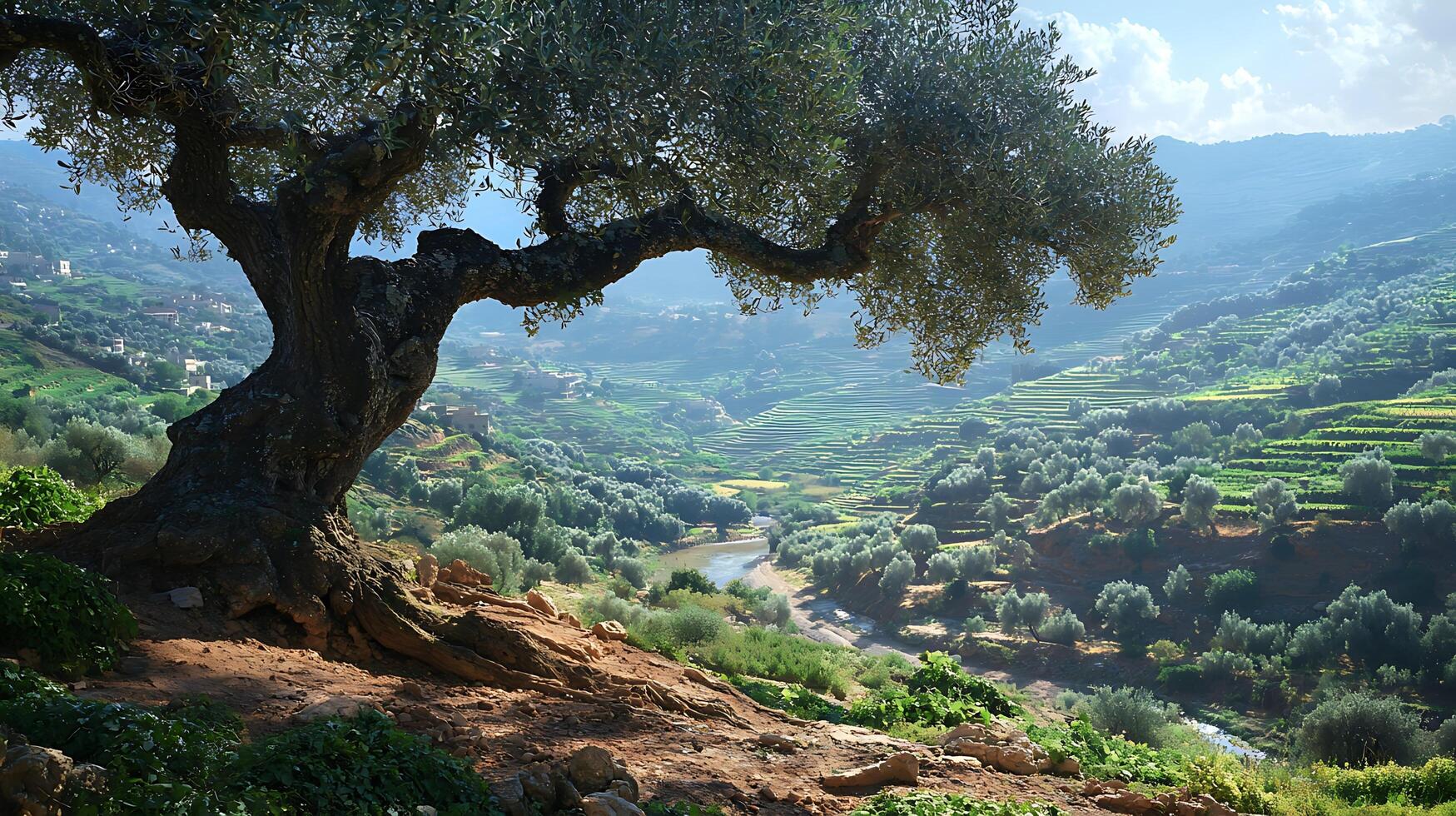 Ancient Olive Tree Overlooking Terraced Green Hills and a Valley. photo