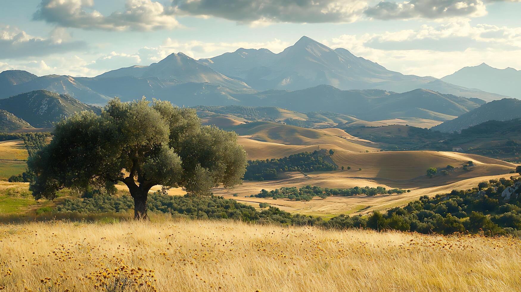 Majestic mountain landscape with an ancient olive tree in a golden field. This serene scene captures the beauty of nature's grandeur under a partly cloudy sky. photo