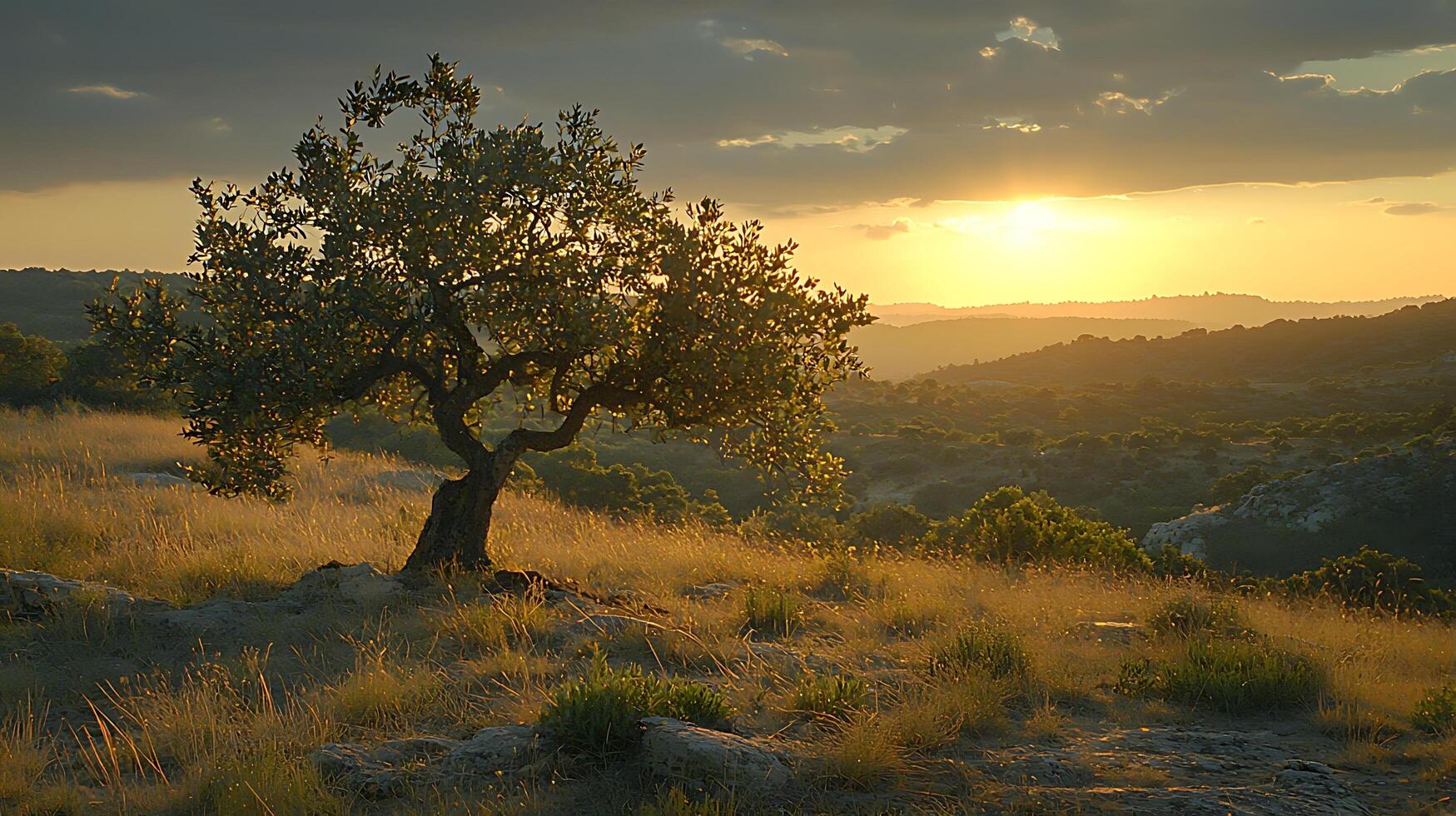 Golden sunset bathes rolling hills and a solitary tree in warm light. This serene natural scene captures the beauty of twilight in a peaceful landscape. photo