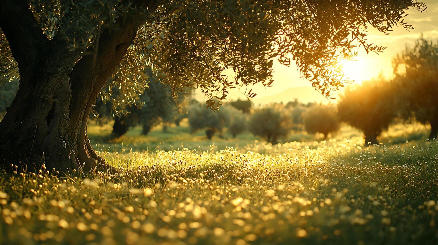 Golden Hour Glow on an Ancient Olive Grove. Sunlight streams through the leaves of a majestic olive tree, illuminating a meadow of wildflowers in warm, diffused light. photo