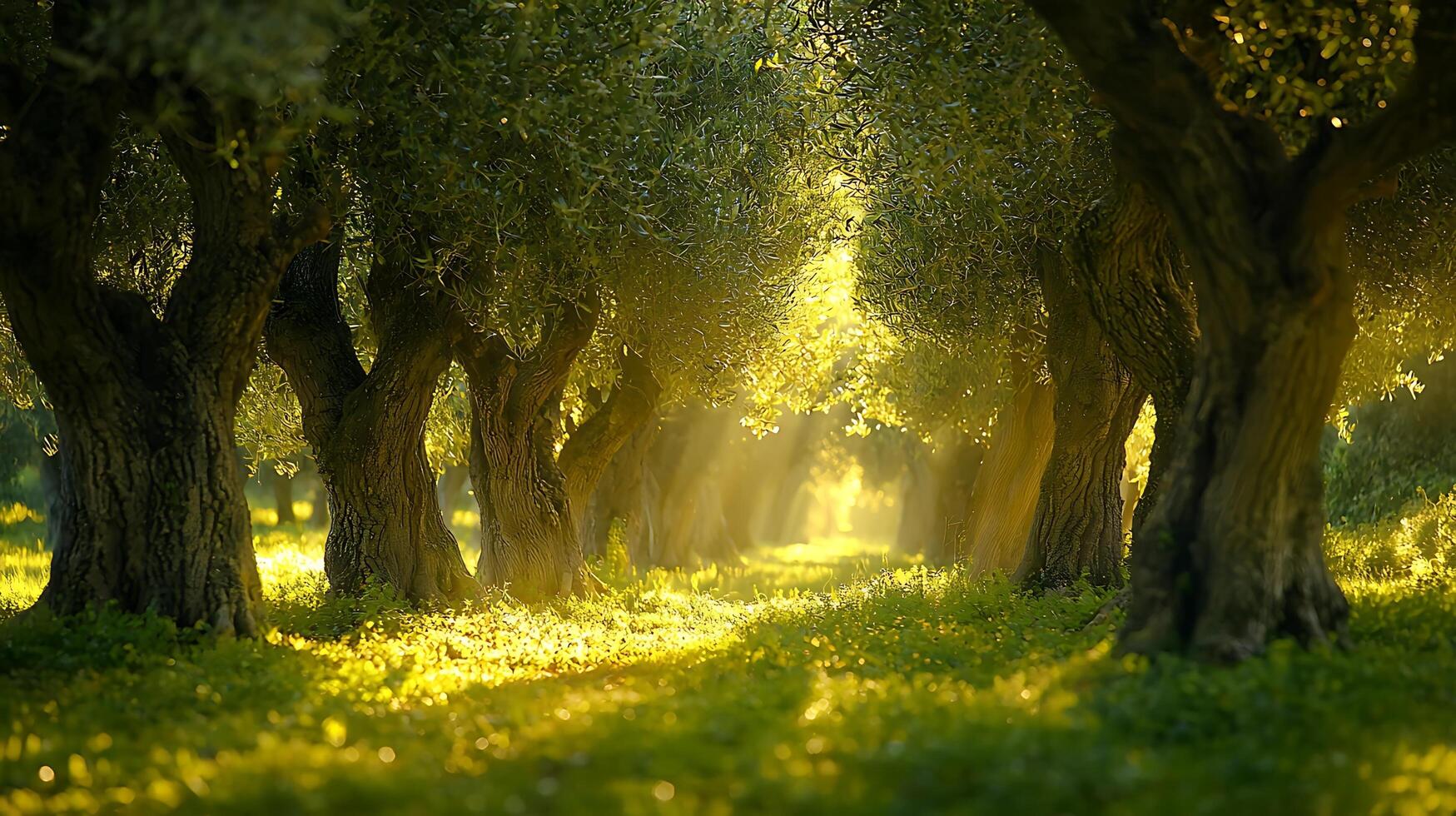 Golden Sunlight Illuminating an Olive Grove. The sun's rays pierce through the lush green canopy, casting a warm, golden glow upon the ancient trees and the verdant ground. photo