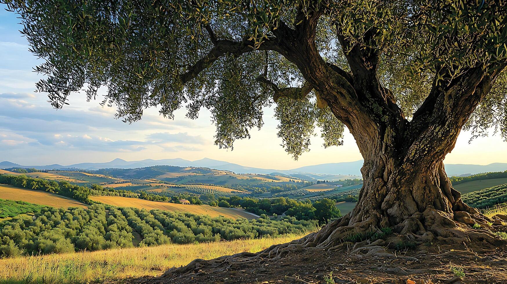 Ancient olive tree overlooks a sun-drenched Tuscan landscape. Majestic gnarled trunk and sprawling branches frame rolling hills dotted with olive groves. photo