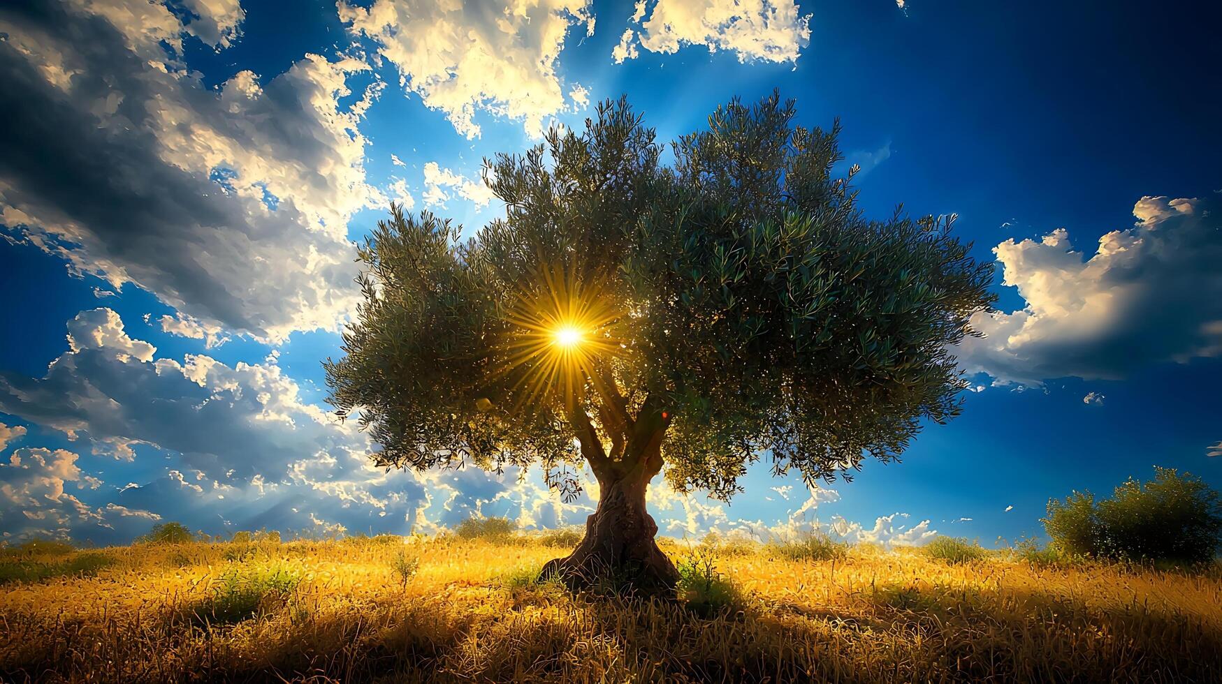 Sunburst through an ancient olive tree in a golden field under a dramatic sky. photo