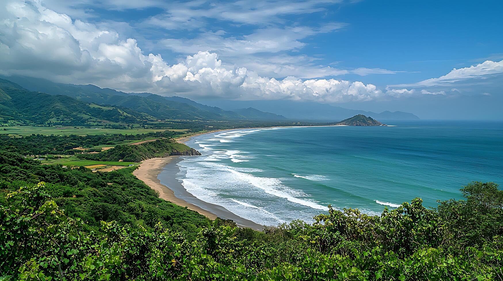 Expansive Coastal Panorama with Lush Green Hills Meeting the Turquoise Ocean. photo