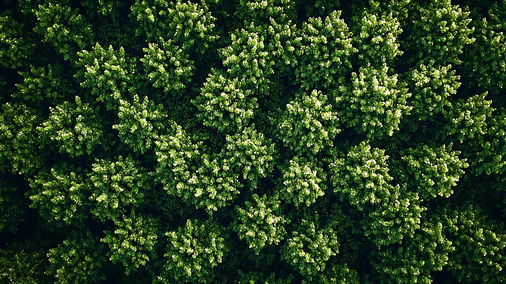 Aerial view of a dense canopy of vibrant green leaves, illuminated by sunlight. This top down perspective showcases the intricate patterns and rich textures of nature's foliage. photo