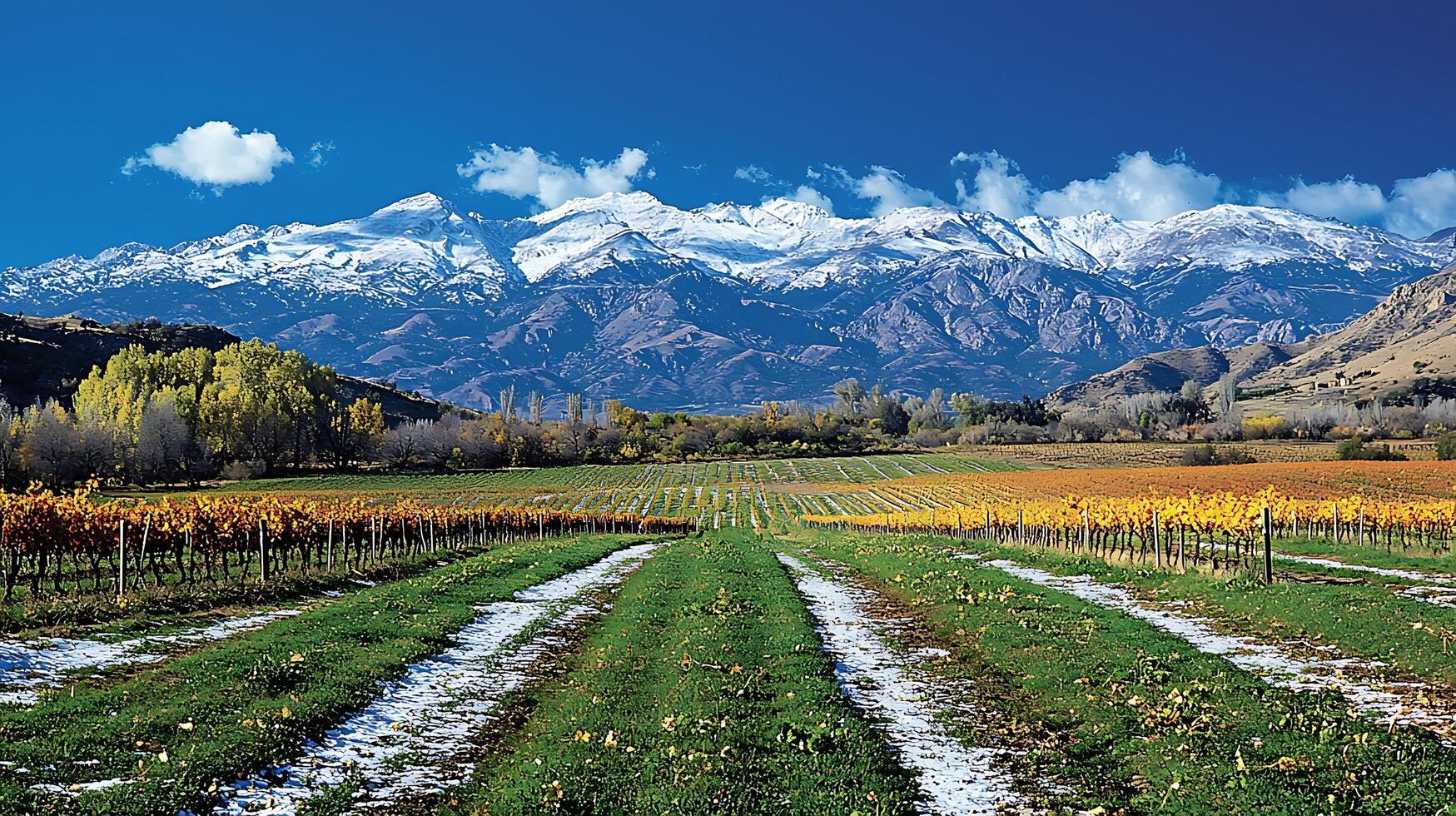 Vineyard in Autumn with Snow Capped Mountains. A picturesque scene of a vineyard in its fall colors, with the majestic snow capped mountains in the background under a clear blue sky. photo
