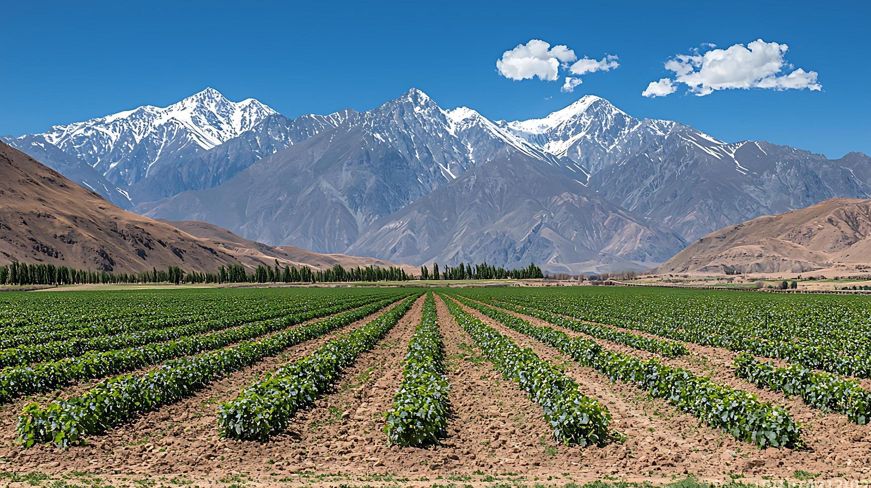 Cultivated Fields Flourish Beneath Snowcapped Mountains. Rows of vibrant green plants stretch across fertile ground, leading towards majestic, snow-dusted peaks under a clear blue sky. photo