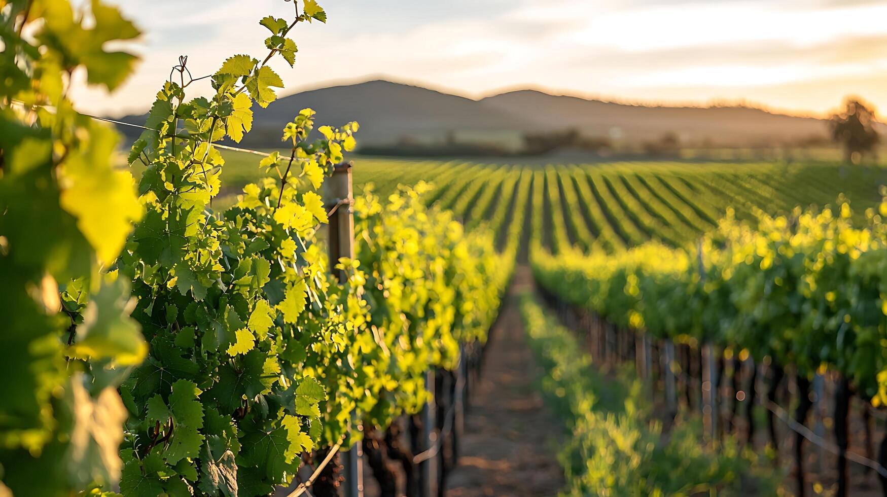 Lush vineyard rows bathed in golden hour sunlight with rolling hills in the background. This scenic view captures the essence of viticulture and agricultural beauty at dusk. photo
