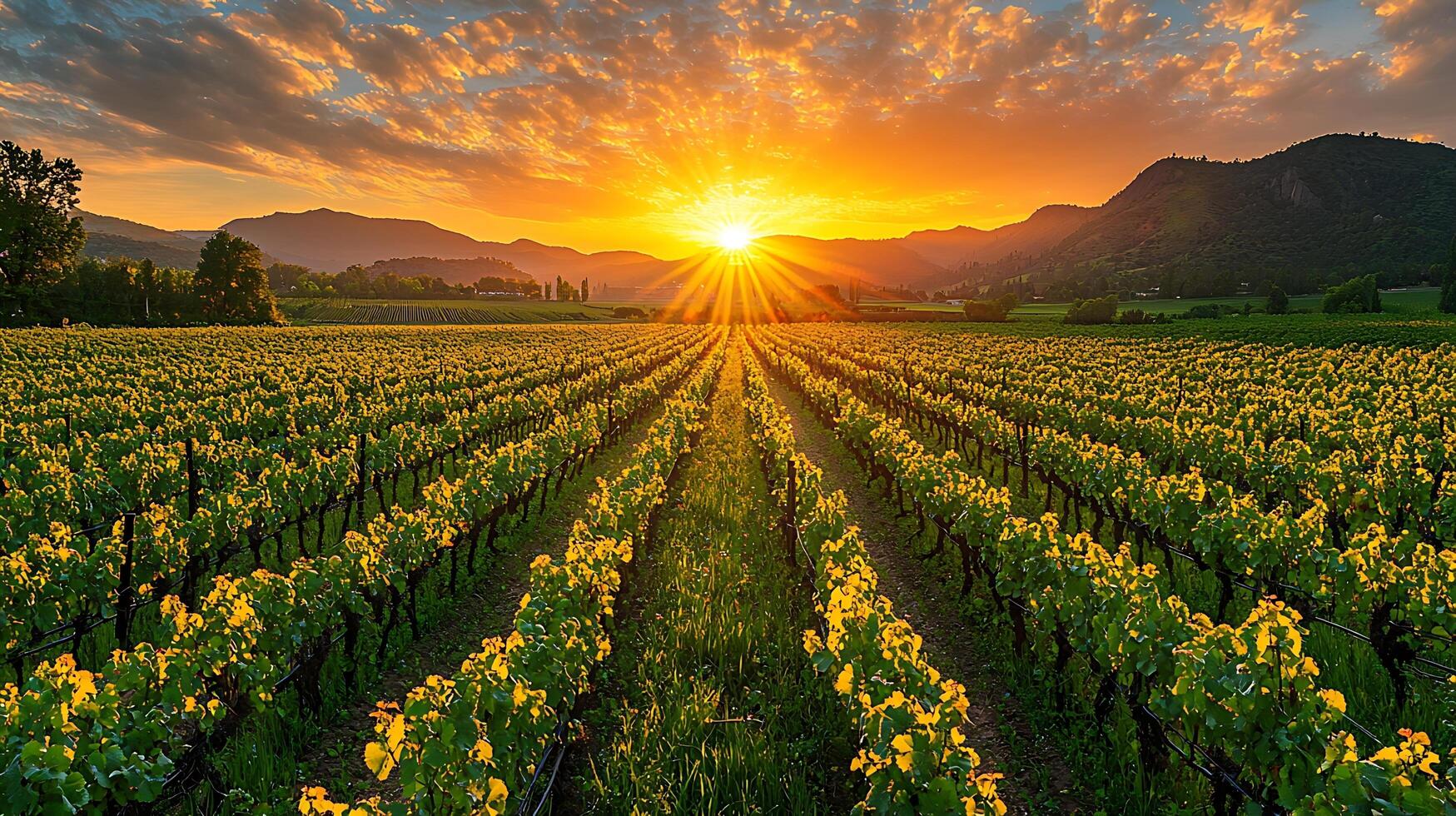 Golden Sunset Over Rolling Vineyard Rows. photo