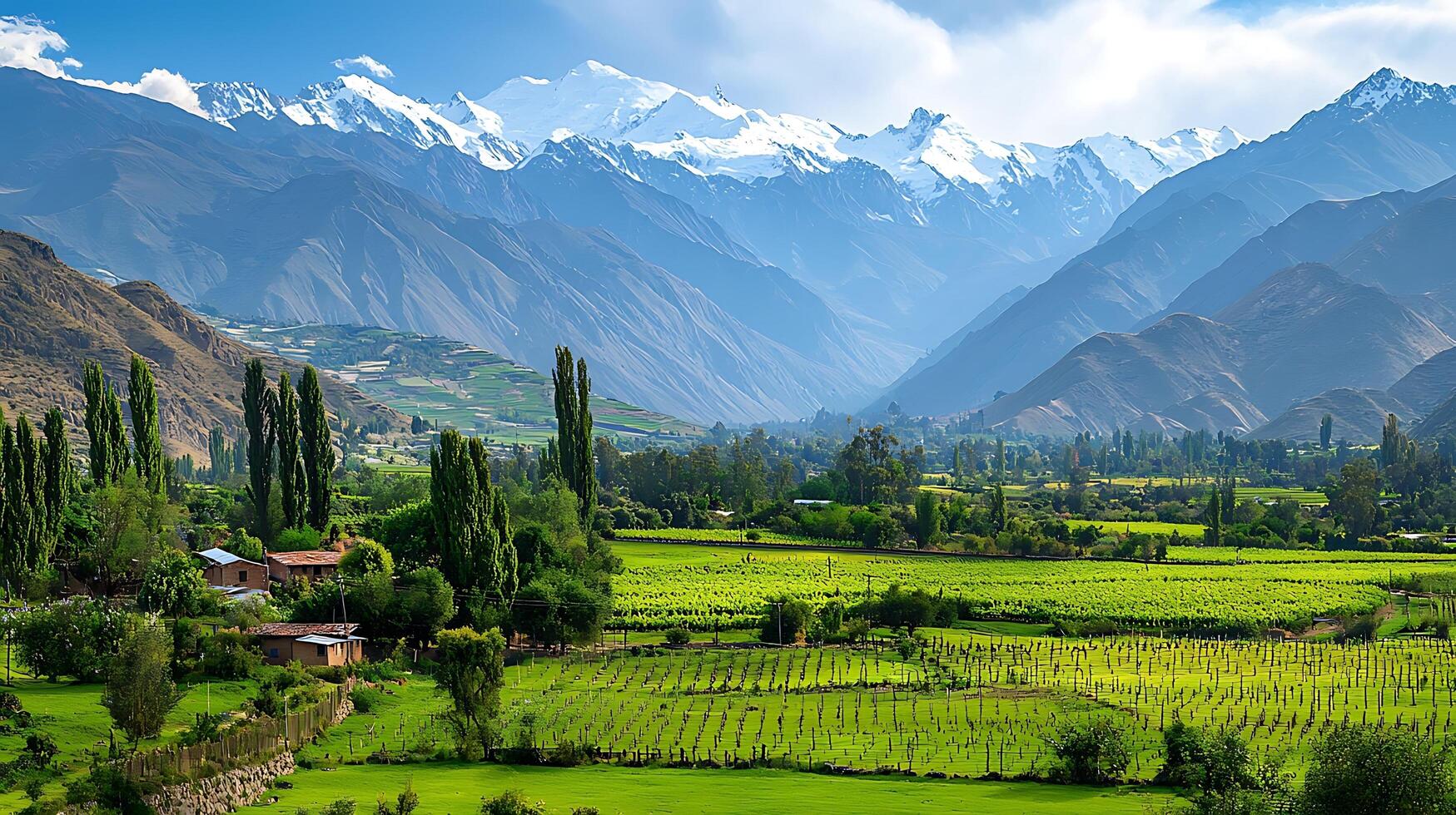 Majestic snow capped mountains overlook a vibrant green valley with a small village. photo