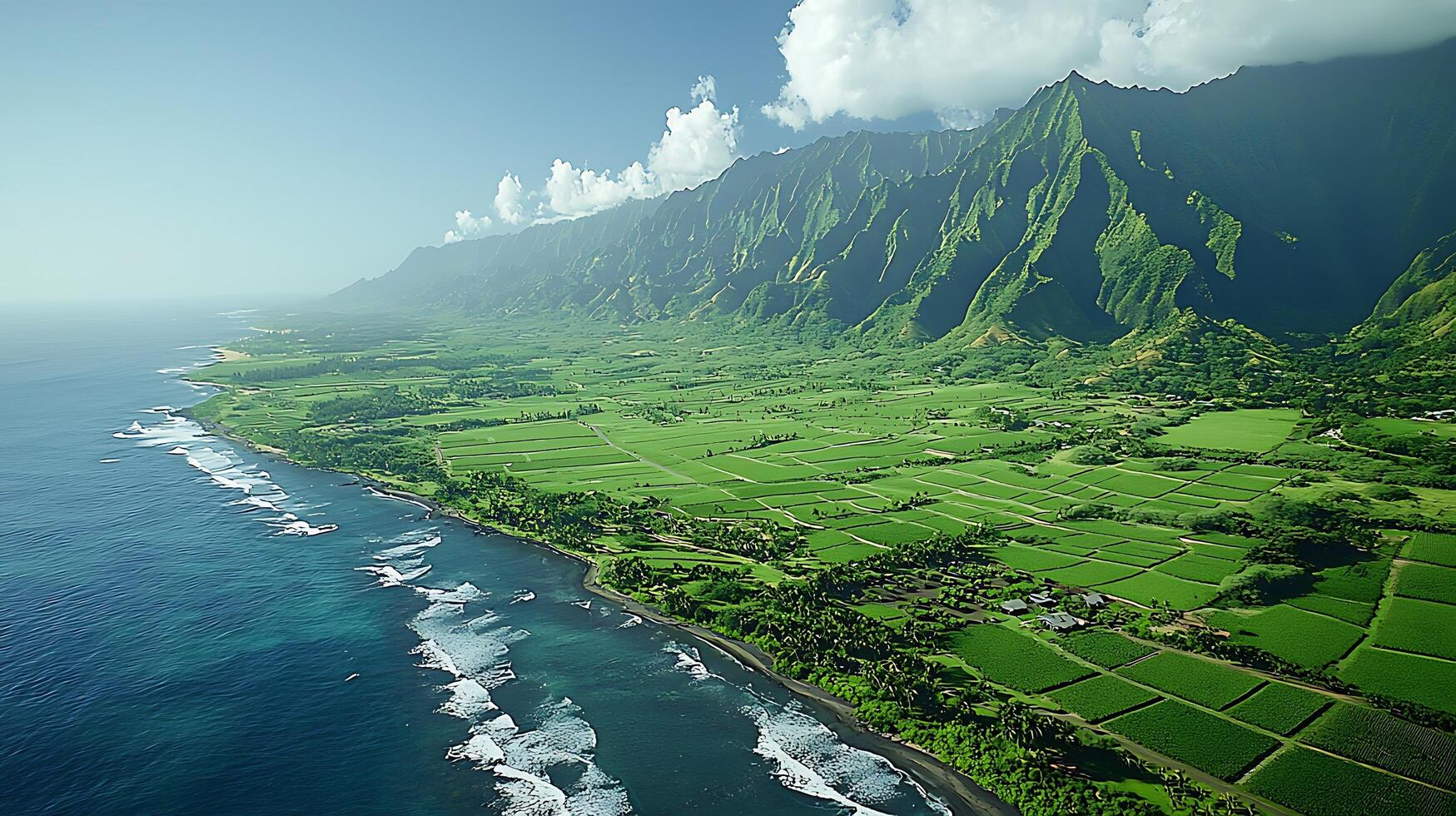Aerial view of lush green terraced fields meeting the Pacific Ocean and majestic mountains. photo