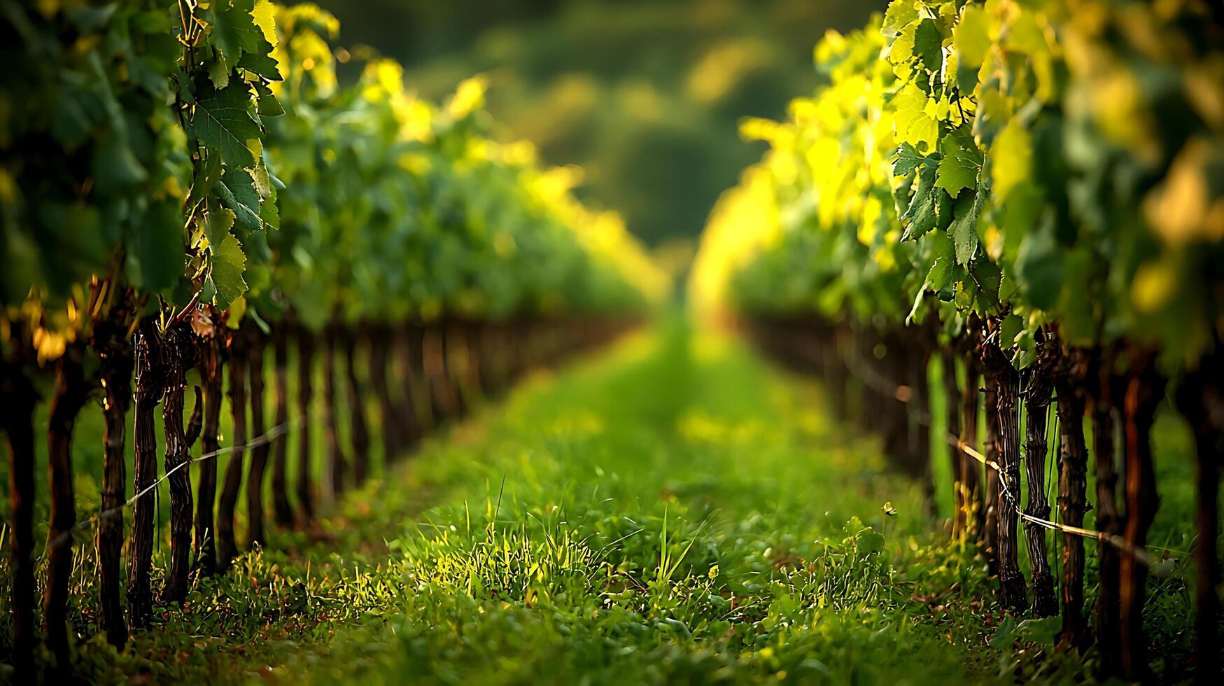 Sunlight filtering through lush green grapevines in a vineyard. This image captures the beauty of a vineyard during a golden hour. photo