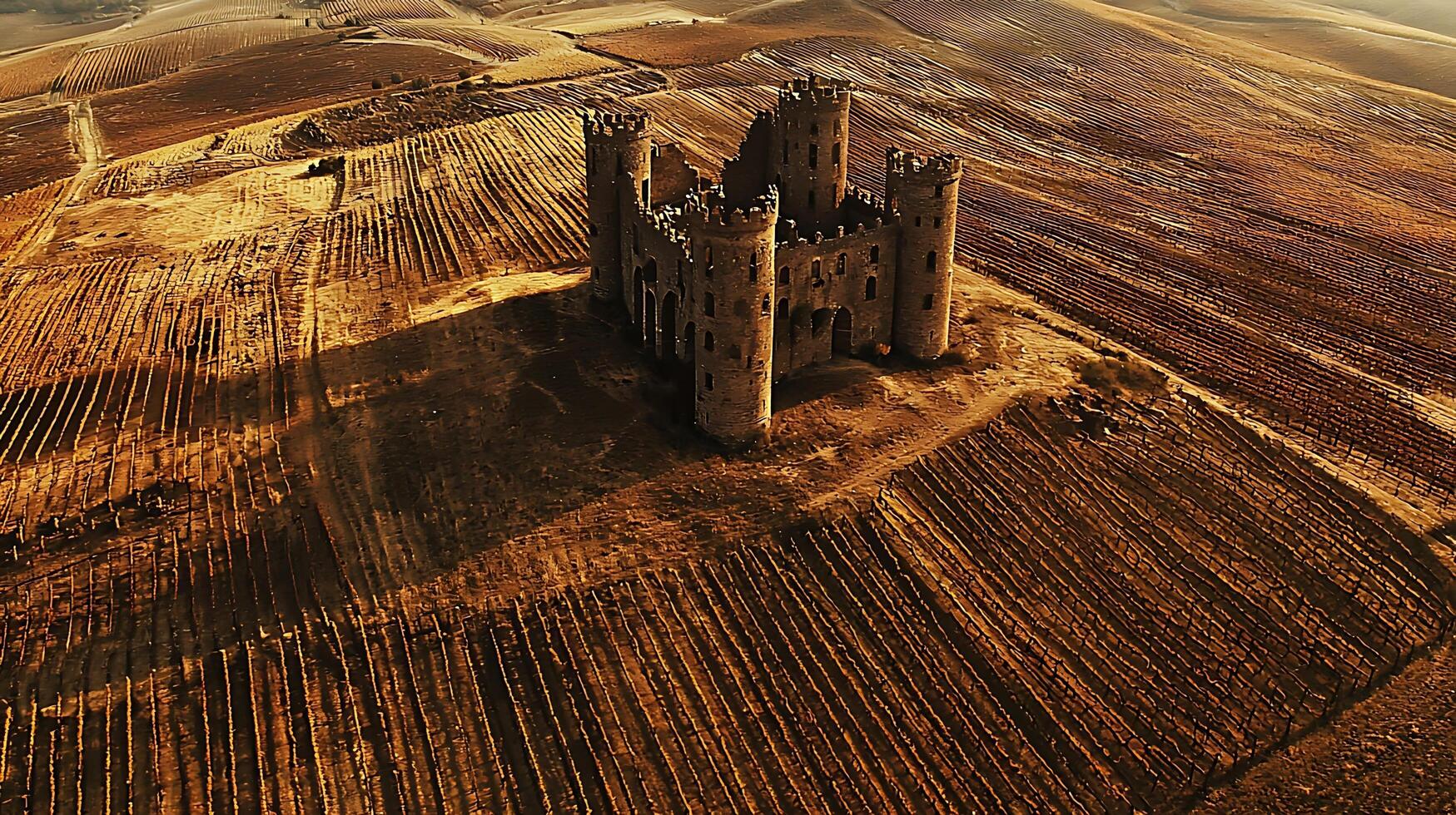 Aerial view of a medieval castle nestled within cultivated fields. The warm, golden light of sunset casts long shadows across the landscape, highlighting the textured patterns of the land. photo