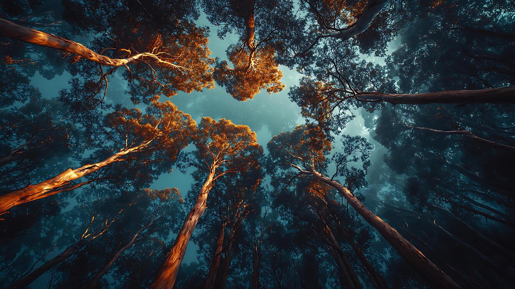 Looking up through a dark forest canopy with warm light filtering through the leaves. photo