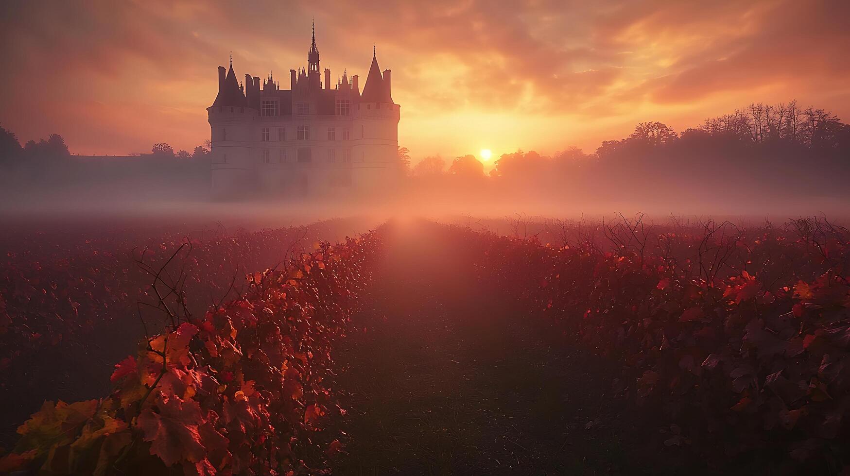 Enchanting castle shrouded in morning mist, with vibrant autumn vineyard in the foreground. photo