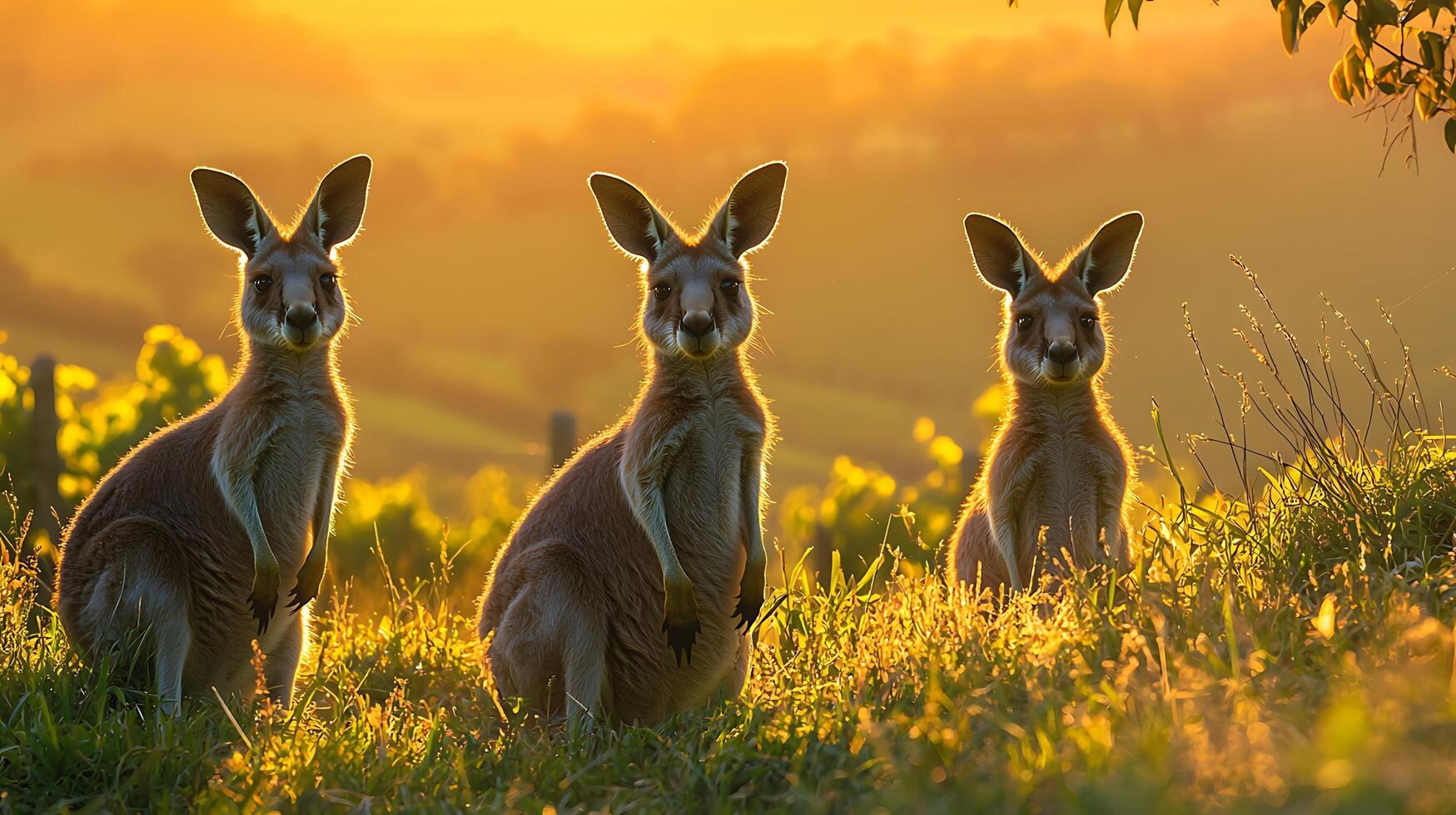 Three kangaroos in a grassy field bathed in the warm glow of a sunrise or sunset. photo