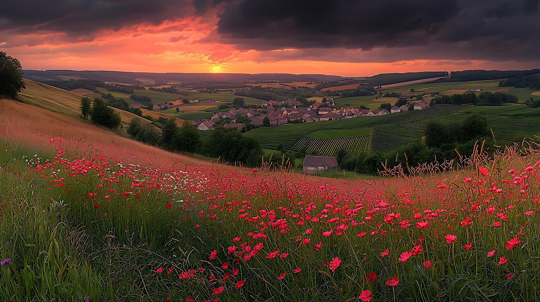 Idyllic French countryside bathed in the warm glow of a dramatic sunset. Lush vineyards and vibrant poppy fields create a picturesque scene. photo