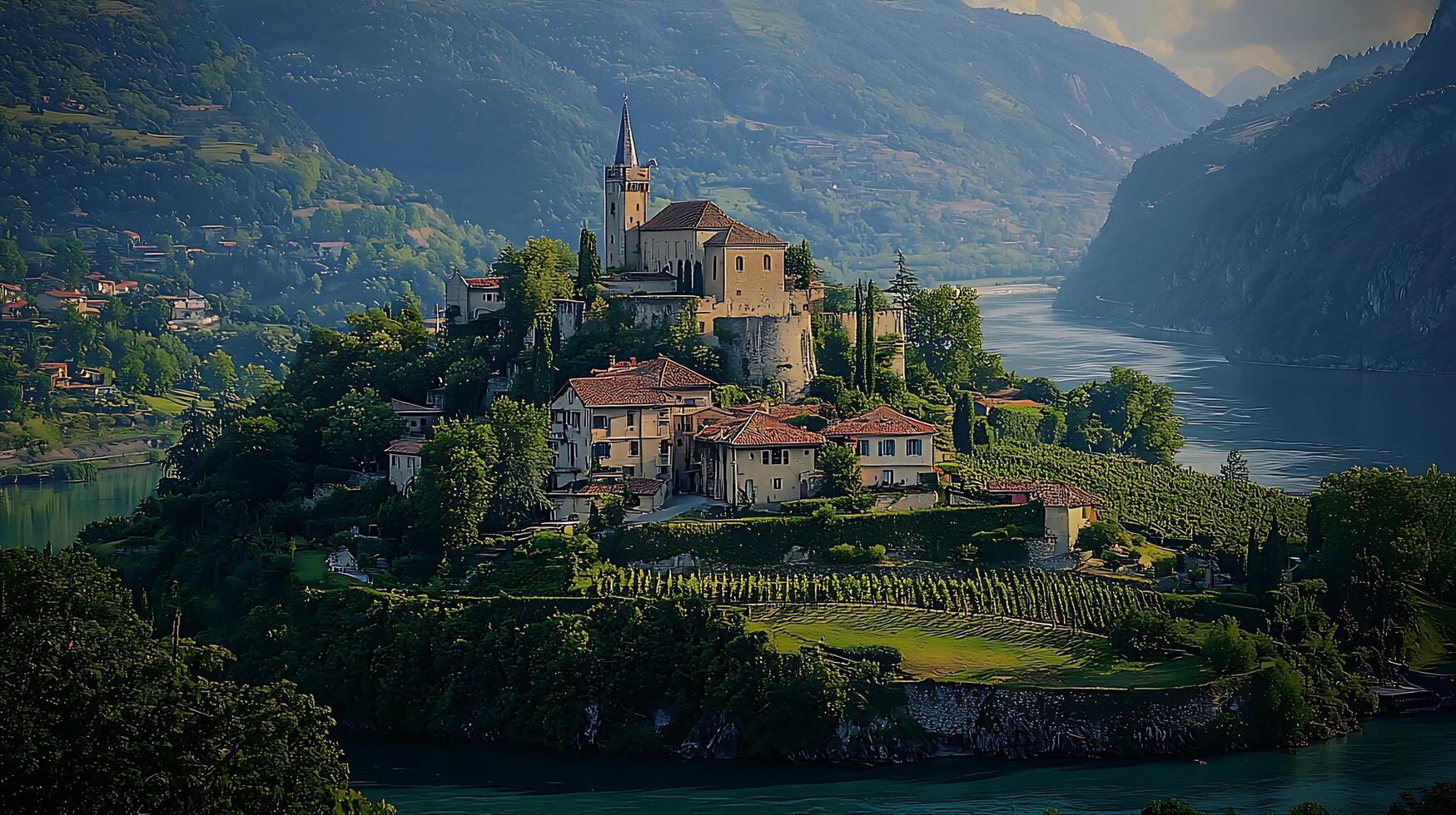 Picturesque Italian village nestled amidst rolling green hills and a serene lake. This charming hamlet features historic architecture and terraced vineyards, offering a timeless European ambiance. photo