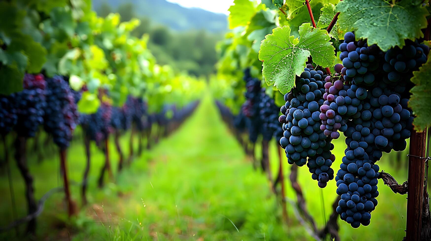 Ripe dark grapes hang on a lush green vine, showcasing the beauty of a vineyard. photo