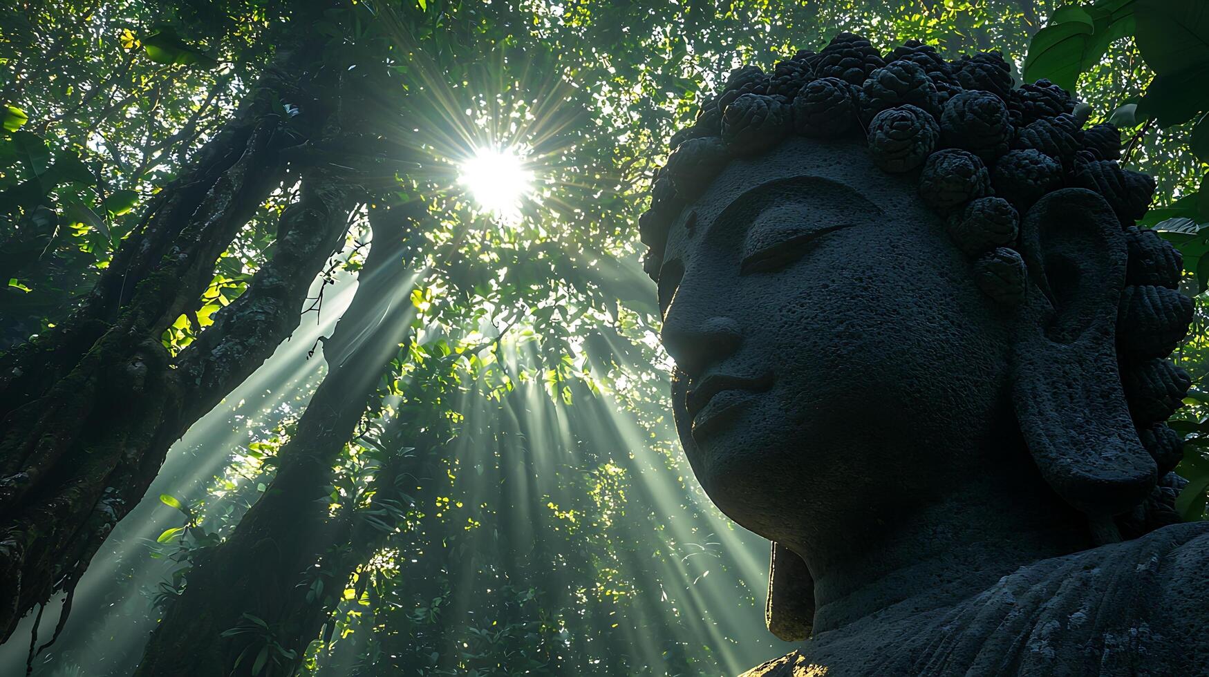 Serene Buddha statue bathed in ethereal sunbeams filtering through a lush jungle canopy. photo