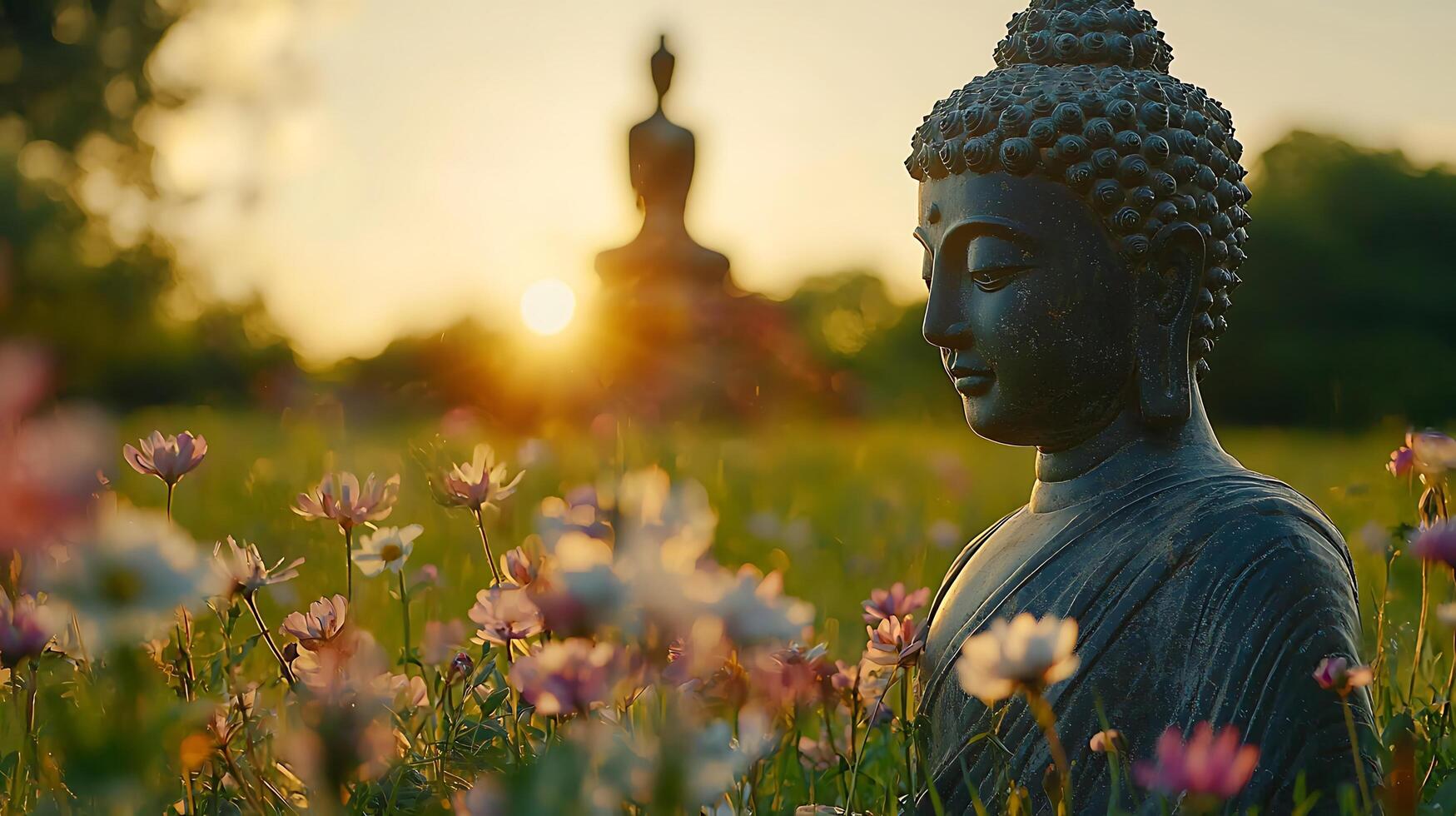 Serene Buddha statue bathed in golden sunset light amidst a field of blooming flowers. photo