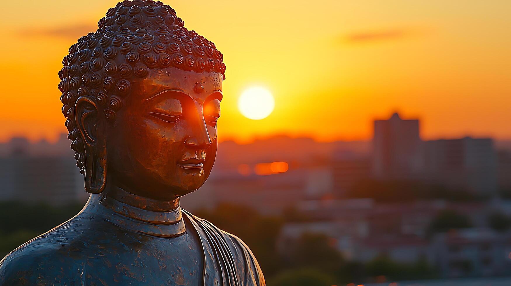 Serene Buddha Statue bathed in the warm glow of a golden sunset overlooking a city skyline. This image captures a moment of peace and contemplation amidst an urban landscape. photo