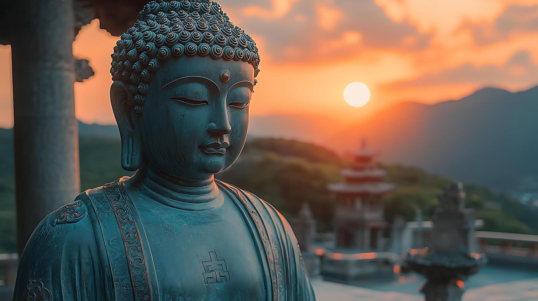 Serene Buddha Statue at Sunset Overlooking a Temple and Mountains. photo
