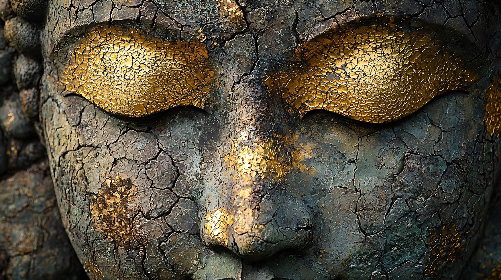 Ancient Buddha Face with Cracked Texture and Golden Accents. photo