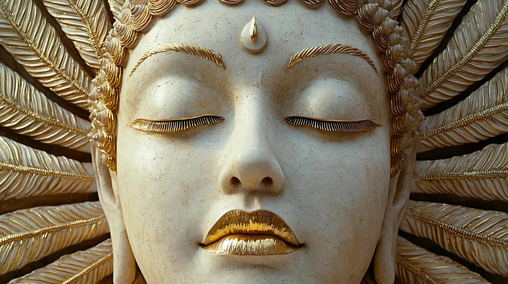 Serene Golden Bodhisattva Face with Cracked Texture. photo