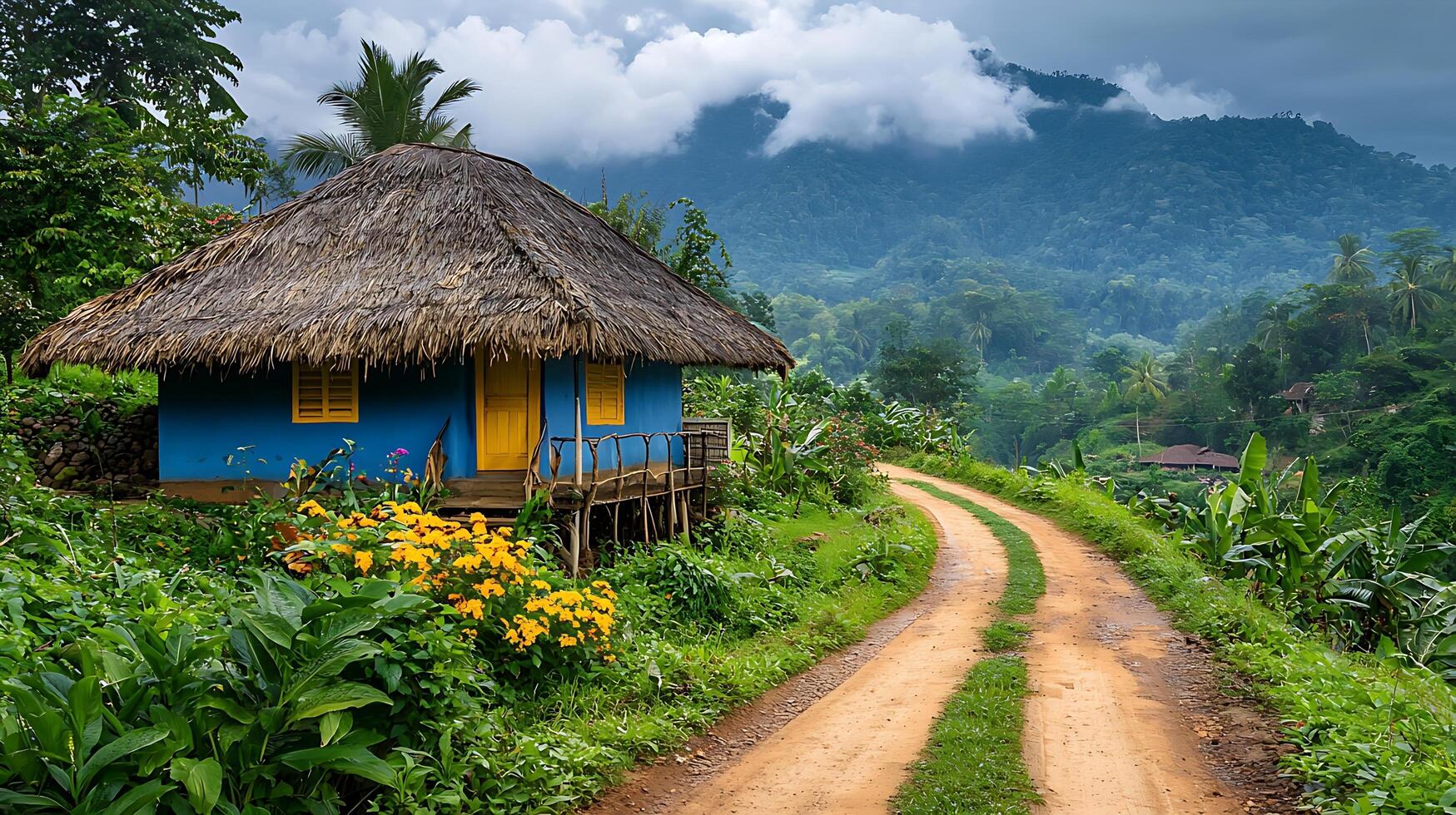 A vibrant blue house with a thatched roof sits beside a dirt road leading into lush, misty mountains. The scene evokes a sense of rustic charm and natural beauty in a tropical landscape. photo