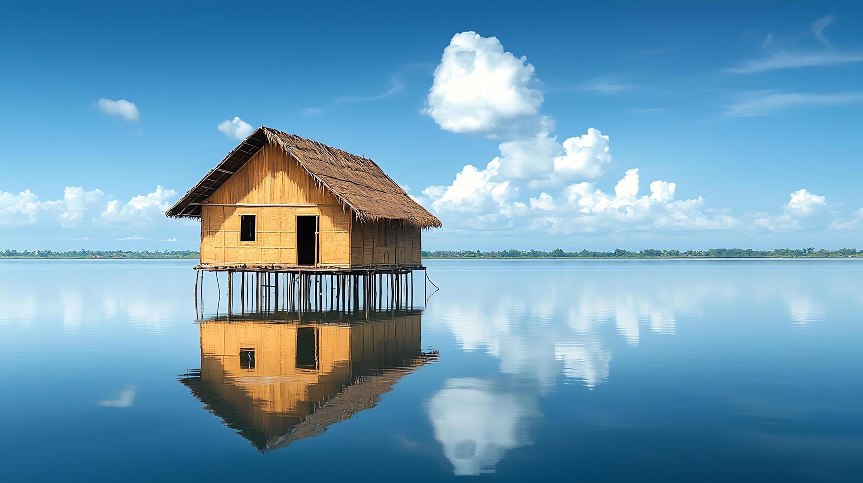 Idyllic stilt house on calm water under a blue sky with fluffy clouds. A tranquil scene showcasing a traditional dwelling mirrored perfectly on the glassy surface. photo
