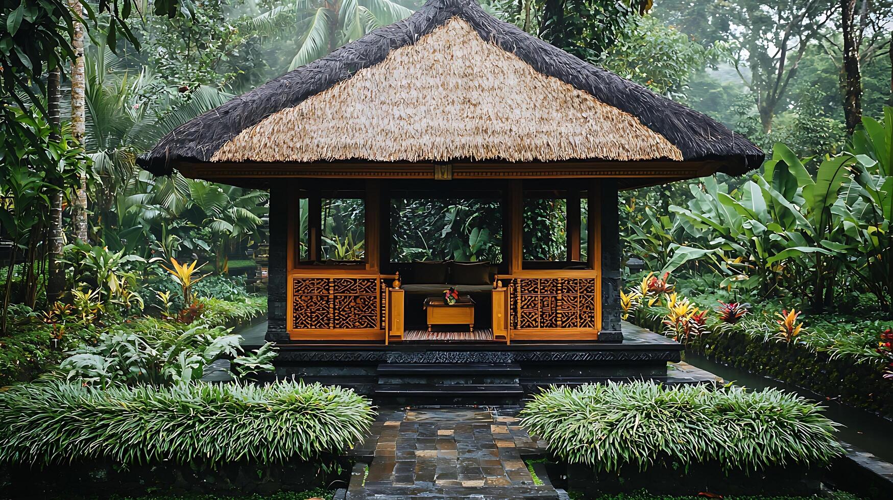 Serene Balinese gazebo nestled within a lush tropical garden. photo