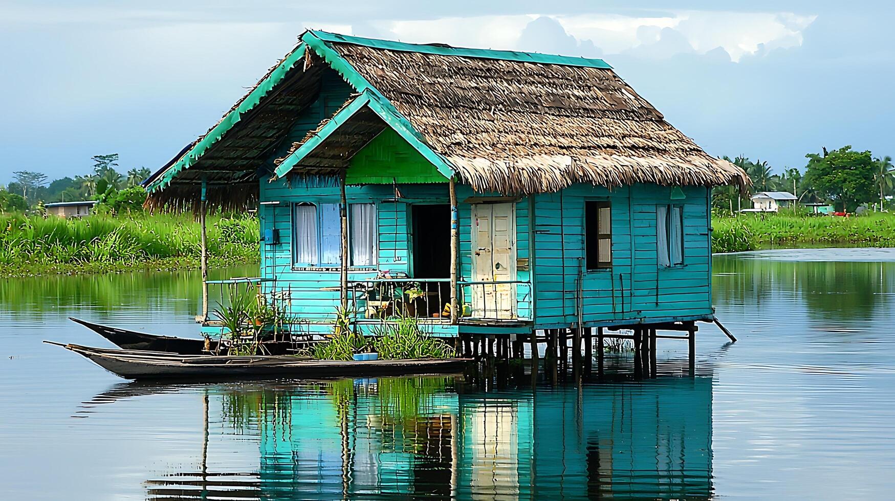 Teal stilt house with thatched roof and docked canoe on calm water. photo