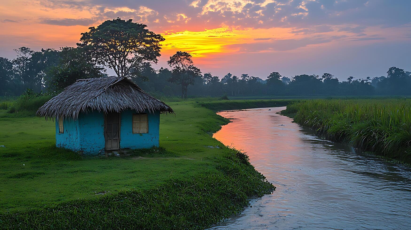 Serene tropical bungalow by a river at sunset. This picturesque scene captures the tranquility of nature with a vibrant sky reflecting on the water. photo