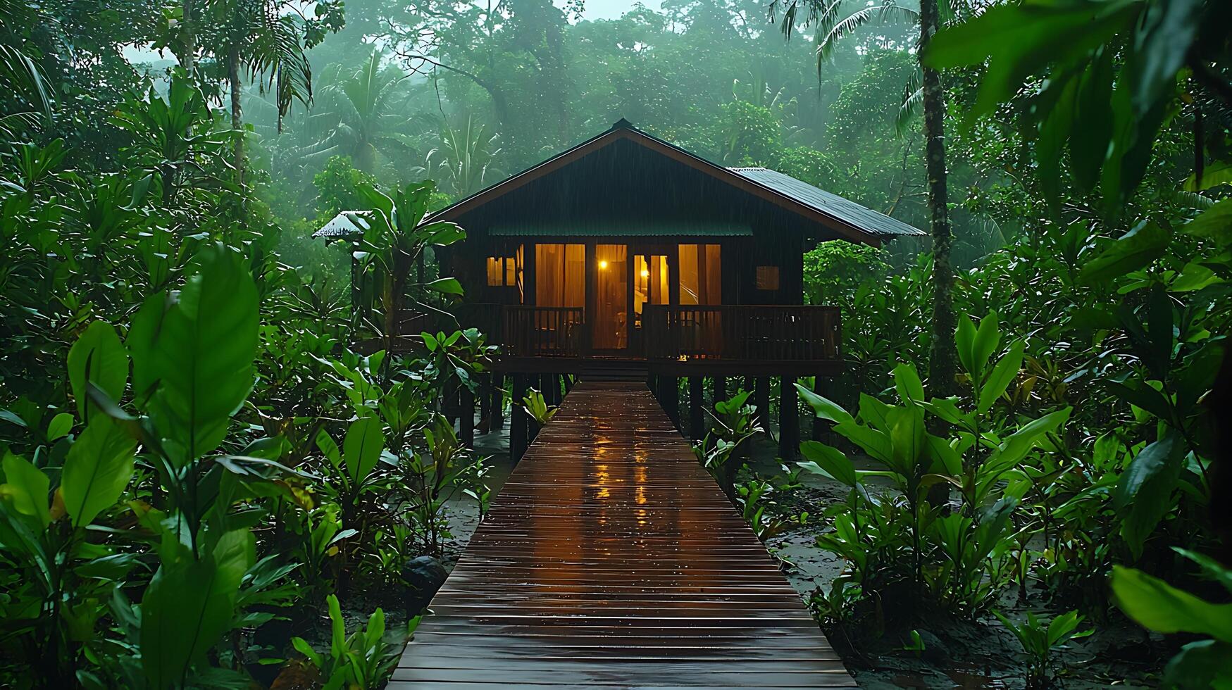 Cozy cabin in the rainforest during a refreshing rain shower. The warm interior light spills out onto a wet wooden walkway surrounded by lush greenery. photo
