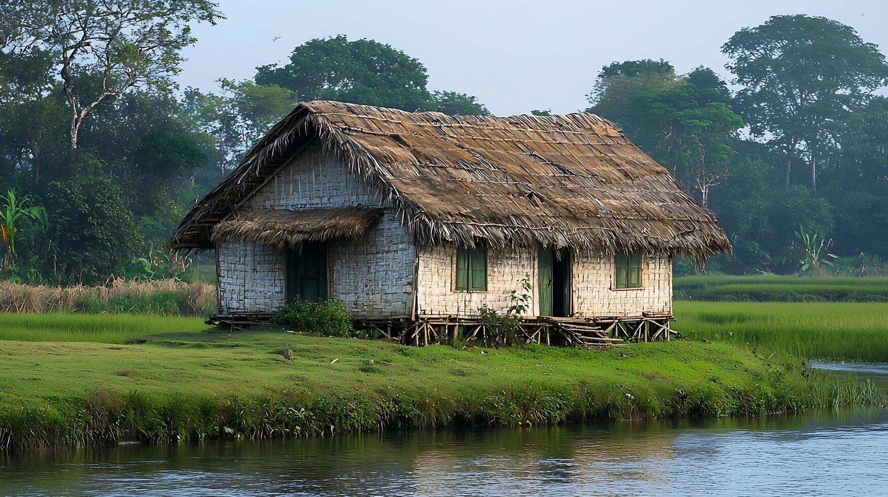 Rustic Thatched Hut Amidst Lush Green Rice Paddies and Forest. This image captures the serene beauty of a traditional dwelling in a natural, vibrant landscape. photo