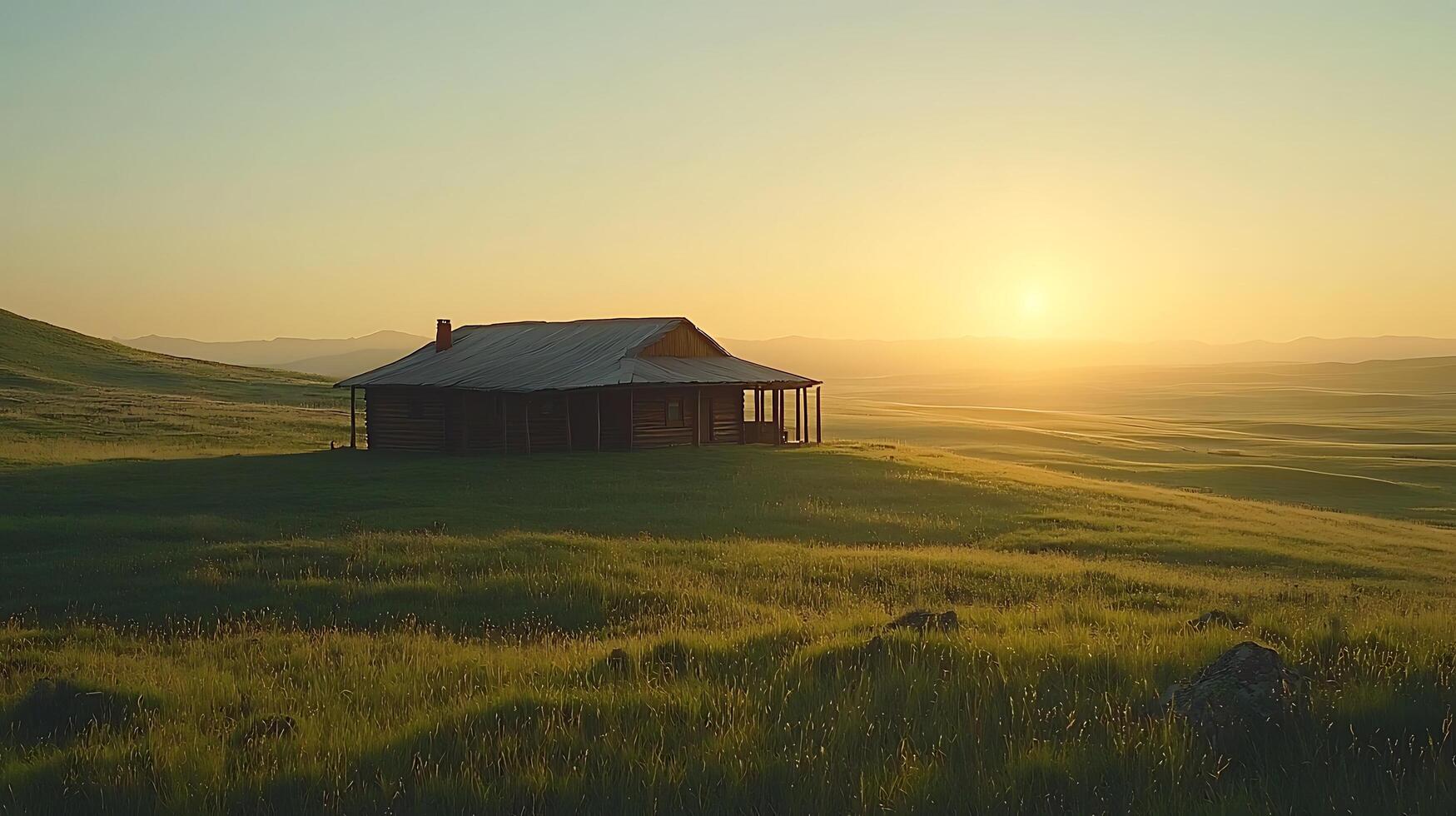 Rustic cabin bathed in golden sunrise light on a rolling grassy hill. photo