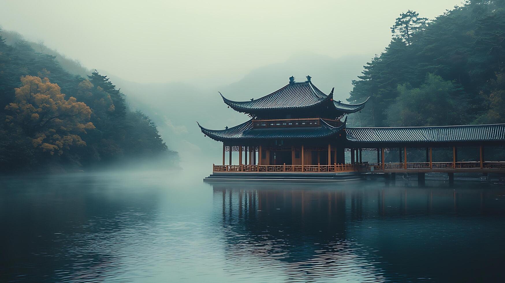 Serene traditional pavilion on a misty lake surrounded by lush mountains. photo