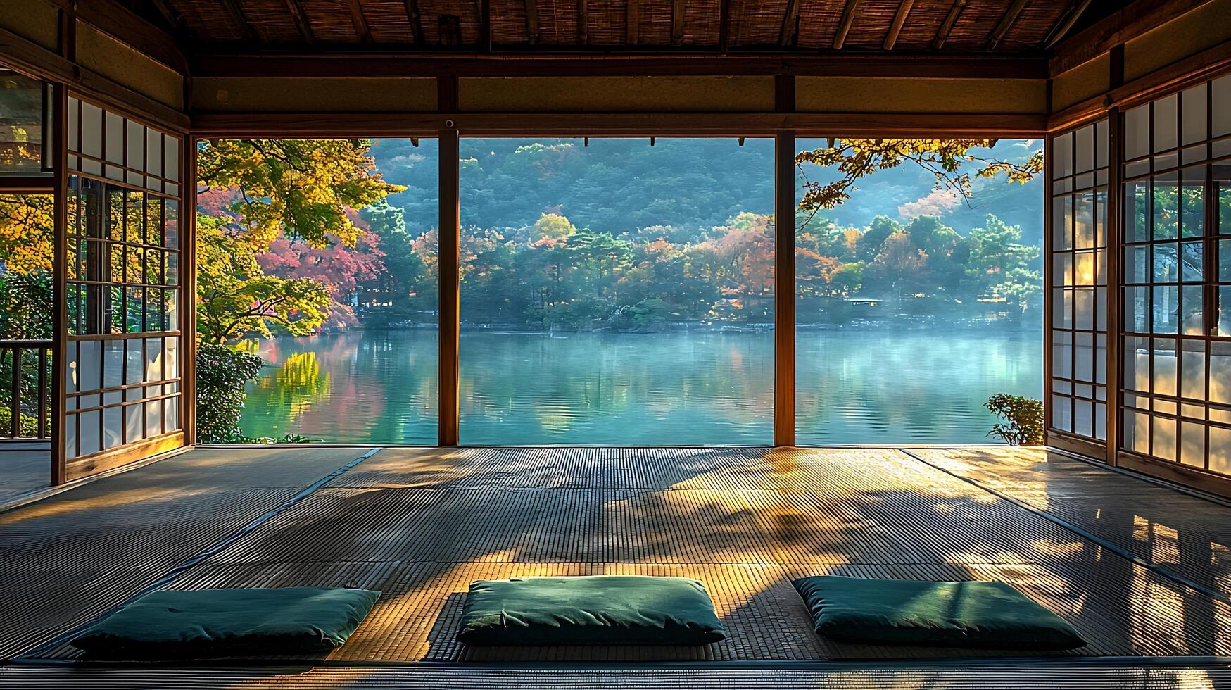 Serene Japanese Garden View from Traditional Room with Cushions. This image captures a tranquil autumn scene through a wooden framed window of a minimalist Japanese room, photo