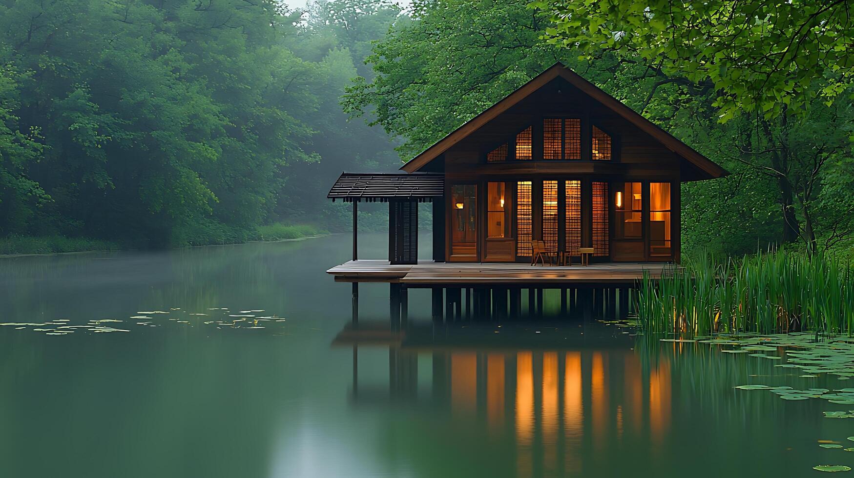 Serene wooden cabin nestled by a tranquil lake, reflecting warm interior lights amidst lush greenery. photo