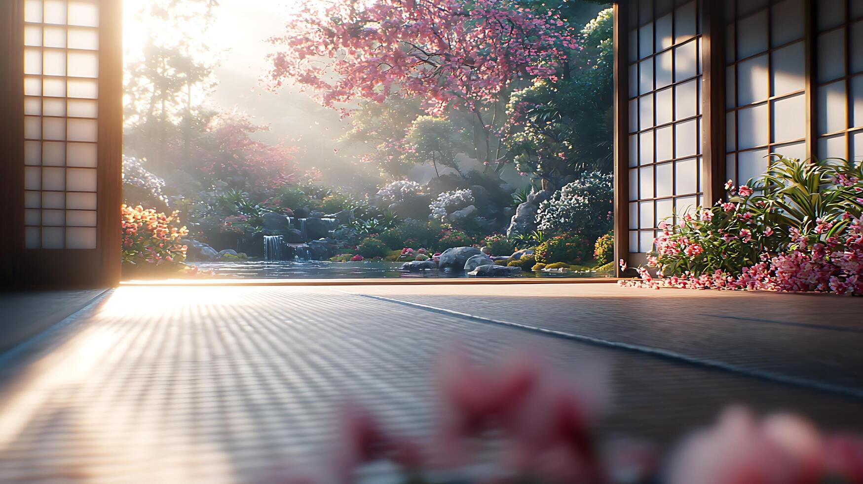 Peaceful Japanese garden viewed through traditional shoji screen doors with soft morning light. photo