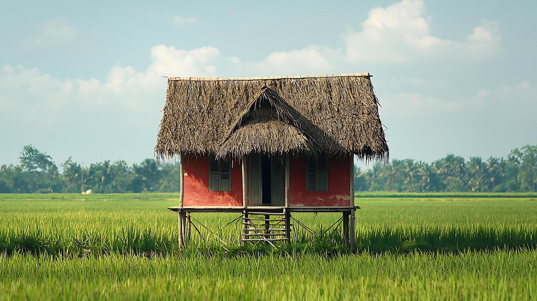 A solitary red stilt house with a thatched roof stands amidst lush green rice fields under a clear blue sky with scattered clouds. photo