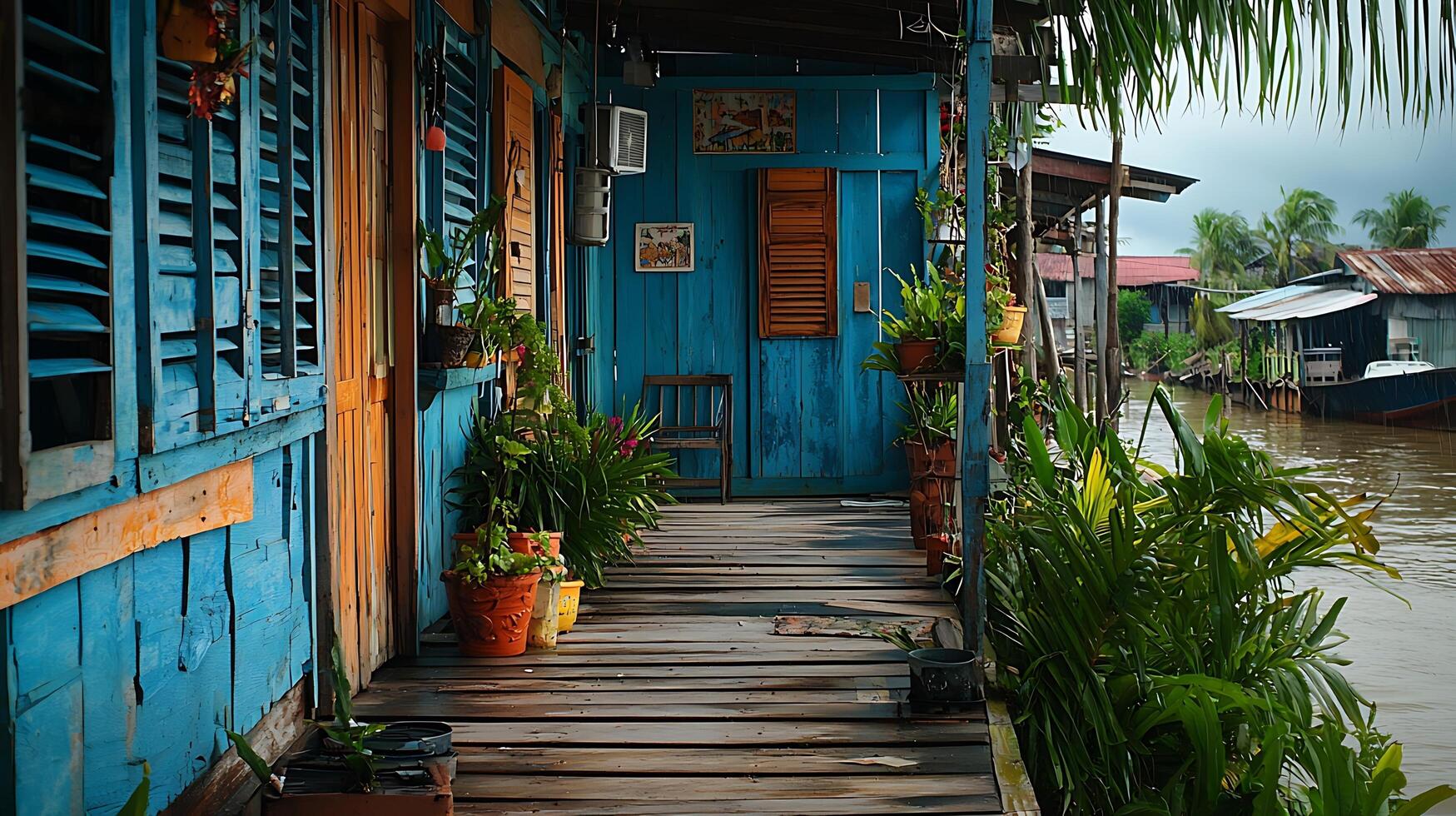Rustic waterfront home with vibrant blue shutters and lush greenery. This image captures the charm of a waterside dwelling, showcasing its weathered wood and tropical plants. photo