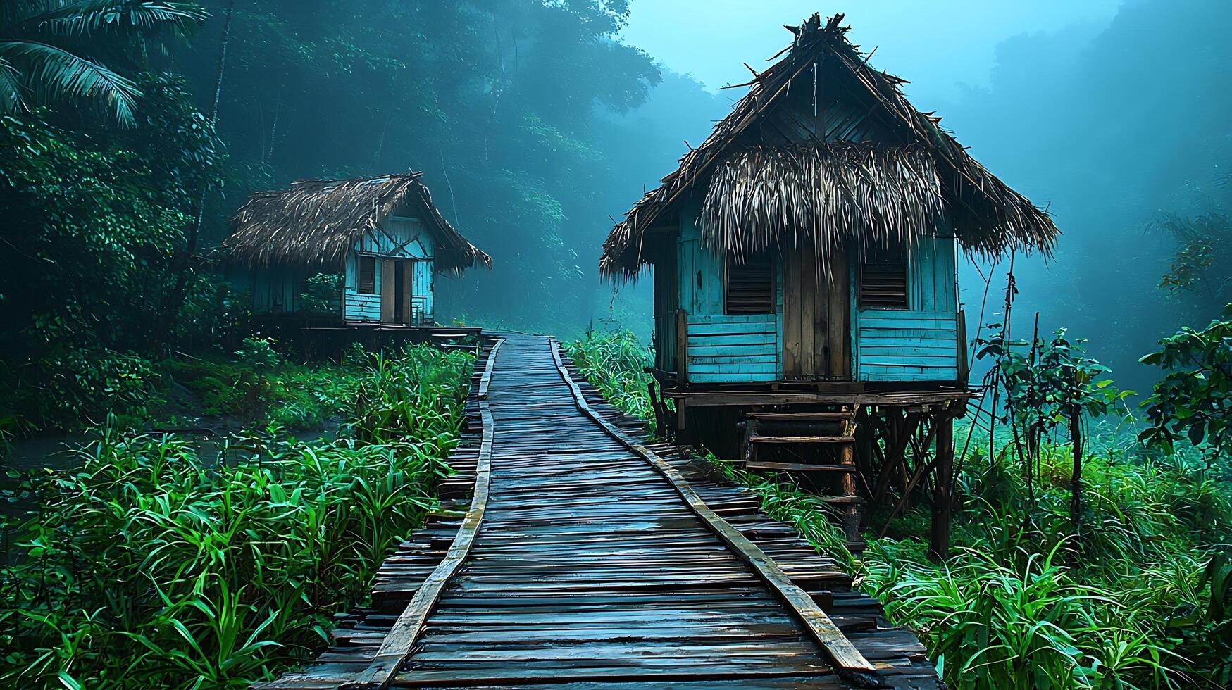 Rustic huts nestled in a misty tropical rainforest. Wooden walkway leads to isolated dwellings in a lush, green jungle. photo