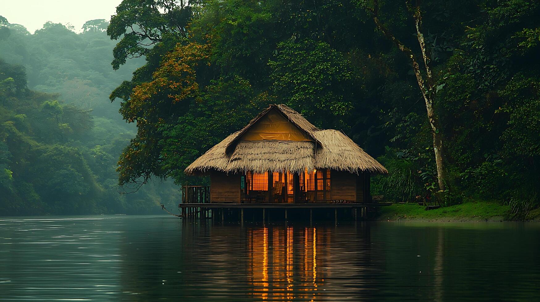 A secluded wooden cabin with a thatched roof sits on stilts over a calm lake, illuminated by warm interior lights. photo