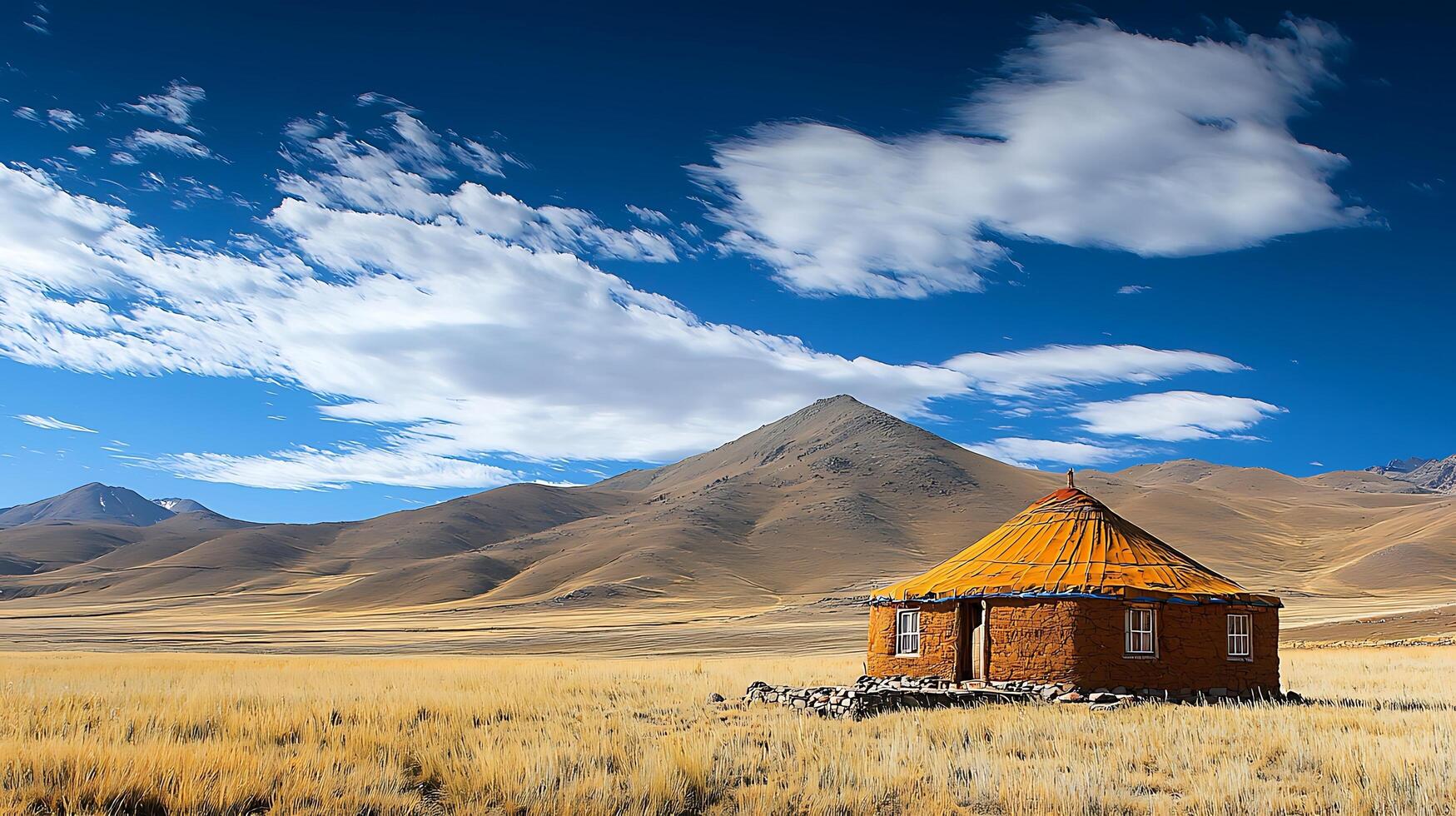Remote dwelling in a vast, arid landscape under a bright blue sky. This image captures the solitude and resilience of a dwelling nestled amidst rolling, sandy hills and dry grass. photo