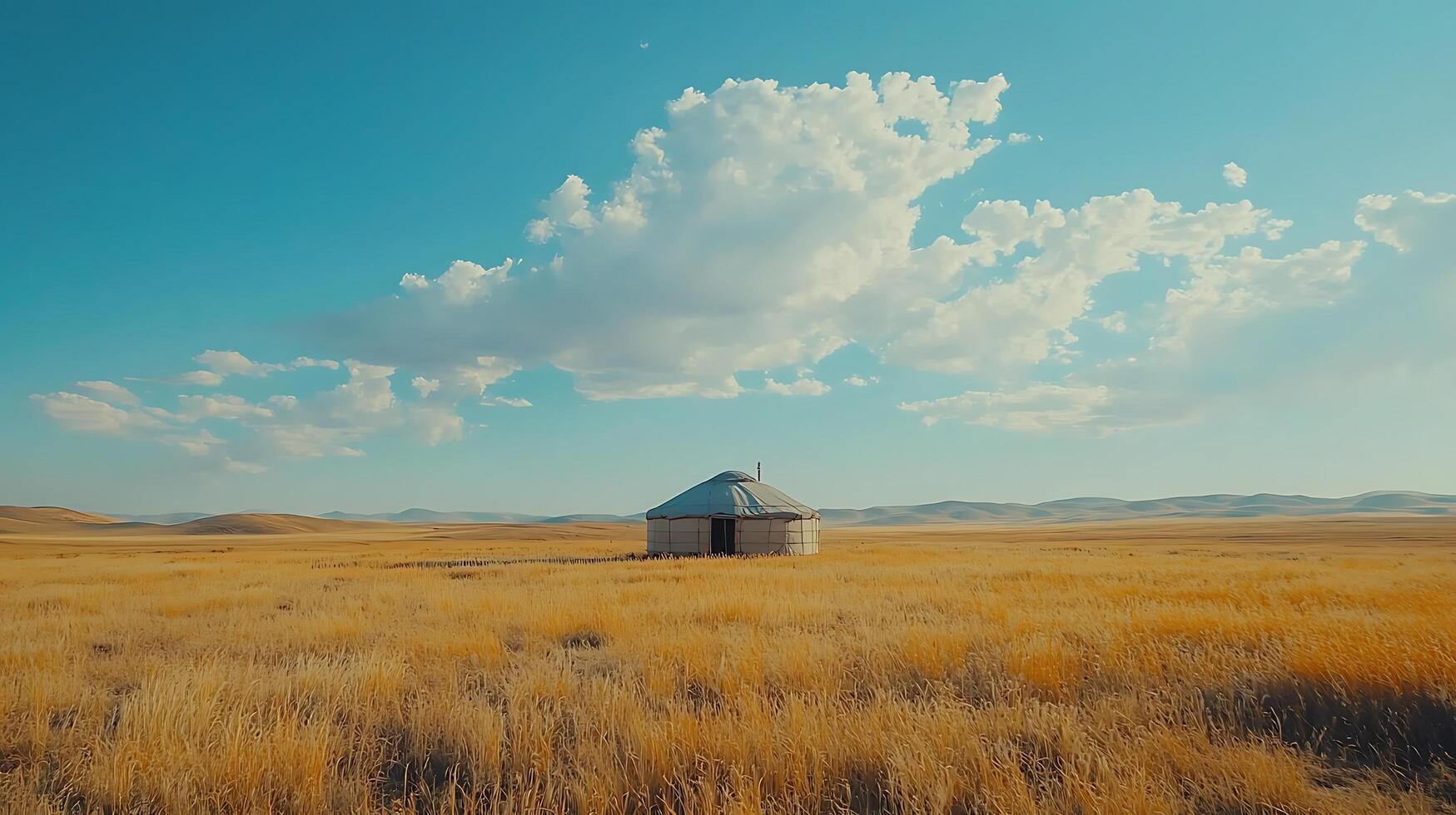 Traditional Yurt Nestled in a Golden Grassland Under a Vast Sky. photo