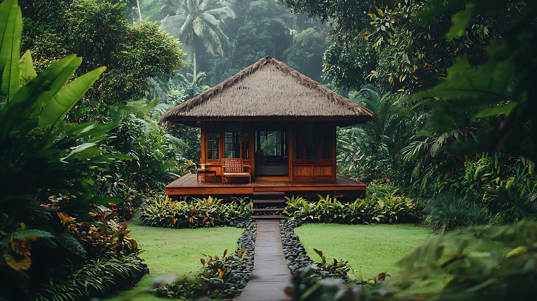 Serene wooden bungalow nestled amidst lush tropical foliage and verdant green grass. This tranquil retreat offers a peaceful escape surrounded by the vibrant beauty of nature. photo