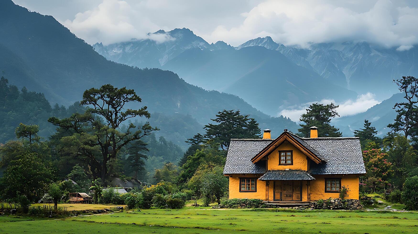 Idyllic mountain cottage nestled amidst lush greenery and majestic peaks. photo