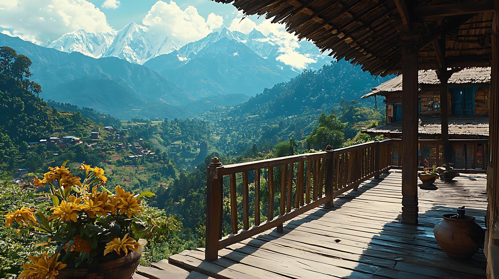 Scenic mountain view from a traditional wooden balcony with yellow flowers. photo